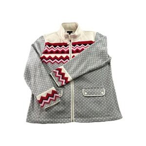 Talbots Womens Large P. Fleece Zip Up Jacket Fair Isle Polka Dot Pockets